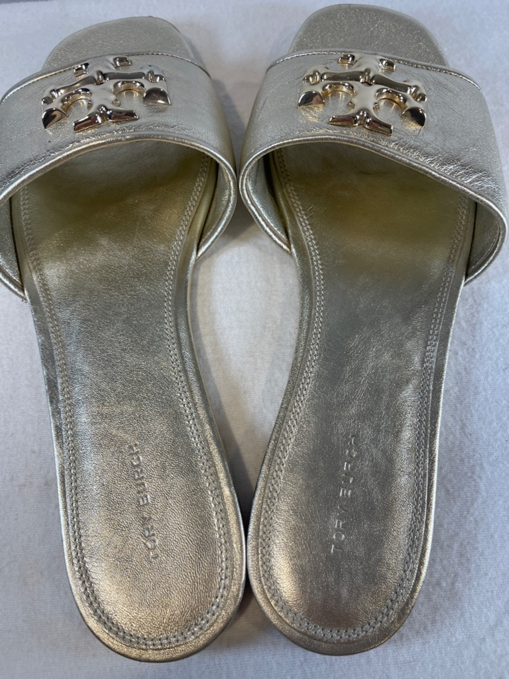 Tory Burch Metallic Gold Logo Slide Sandals - Picture 3 of 6